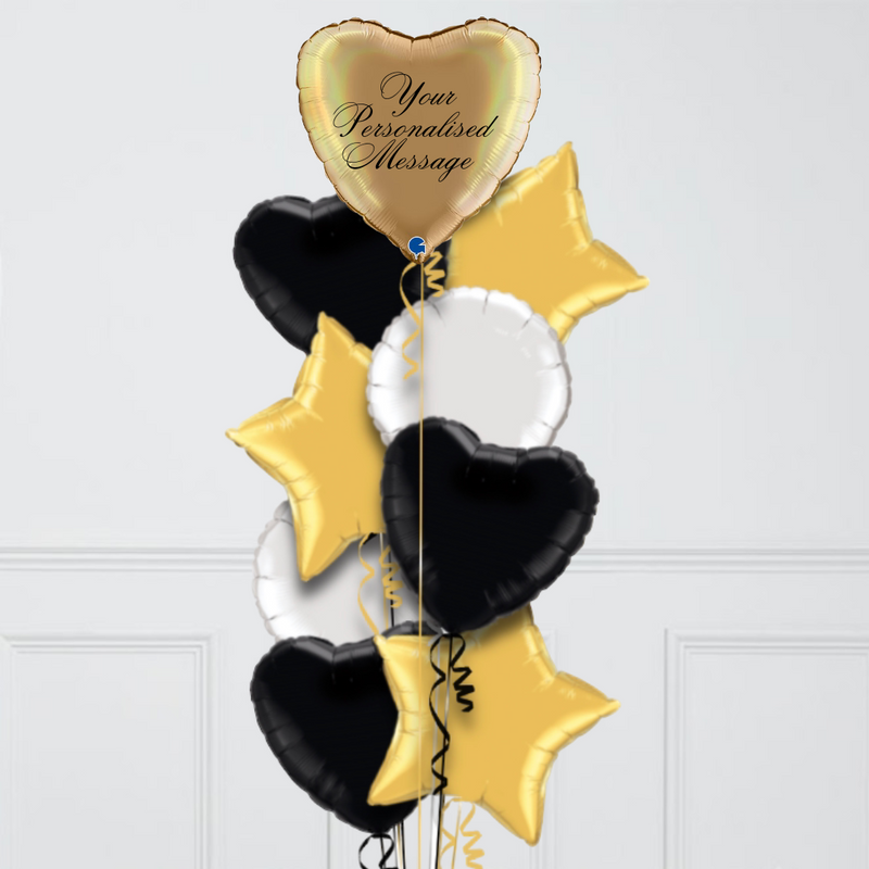 Personalised Platinum Gold & Black Heart Inflated Foil Balloon Bunch