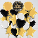 gold and black happy birthday balloons