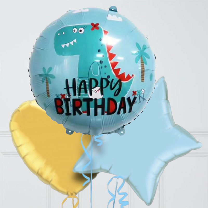 happy birthday dinosaur themed blue and gold foil balloons delivery uae