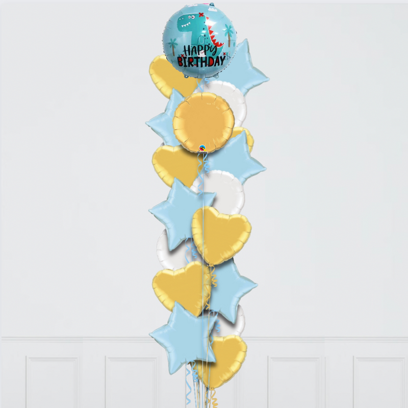 happy birthday dinosaur themed blue and gold foil balloons delivery uae