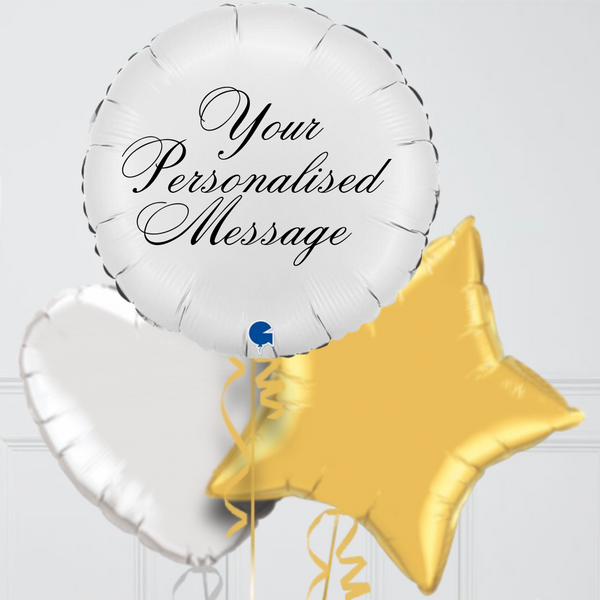 Personalised White & Gold Round Inflated Foil Balloon Bunch