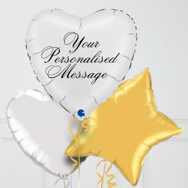 Personalised White & Gold Heart Inflated Foil Balloon Bunch