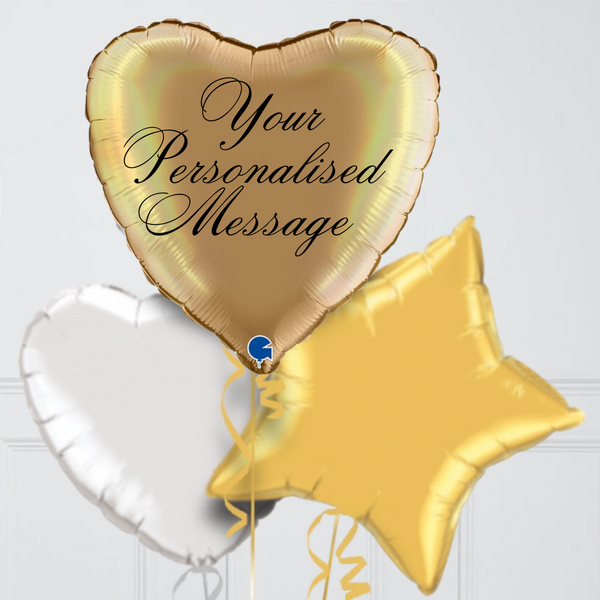 Personalised Platinum Gold Heart Inflated Foil Balloon Bunch