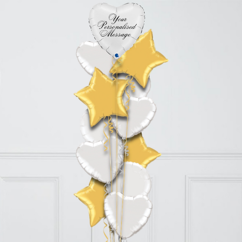 Heart White & Gold Personalised Balloon Bouquet