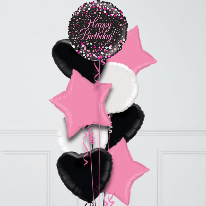 Pink and Black Happy Birthday Foil Balloon Bouquet