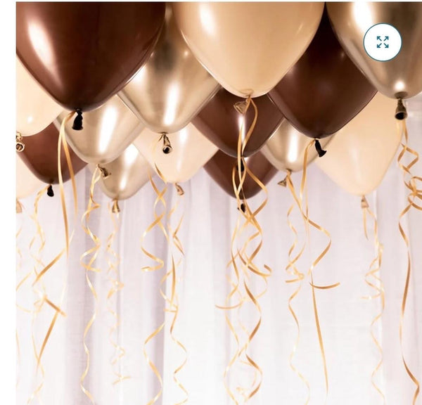 10 latex balloons: bunch of 3 balloons helium inflated & 7 balloons+ribbon pieces not inflated