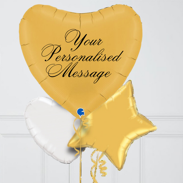 Personalised Gold Premium Large Heart Inflated Foil Balloon Bunch