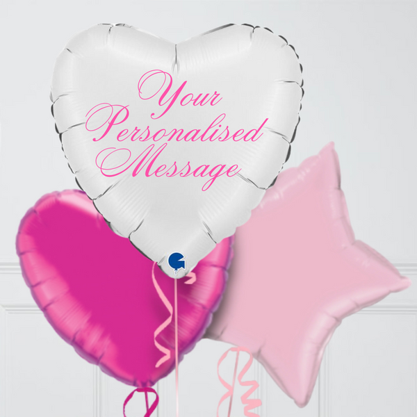 Personalised White & Pink Heart Inflated Foil Balloon Bunch