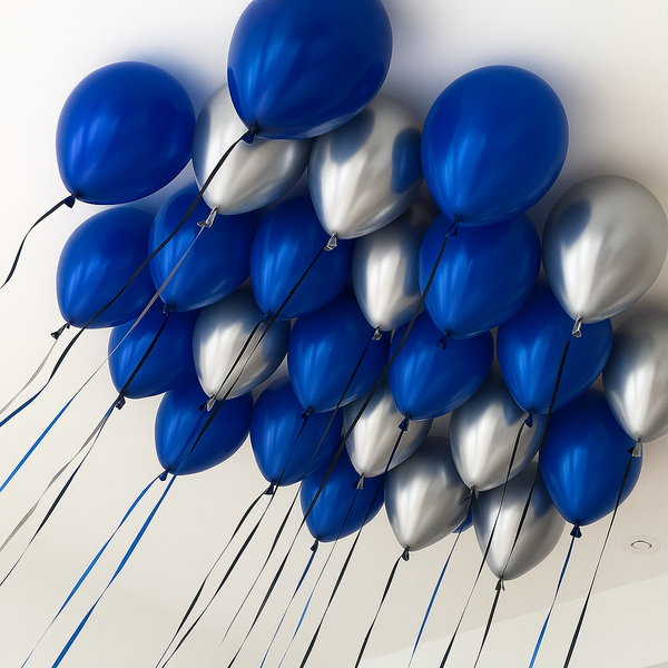 10 ceiling latex balloons: dark blue and silver