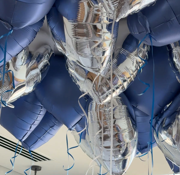25 heart ceiling balloons (navy and silver)