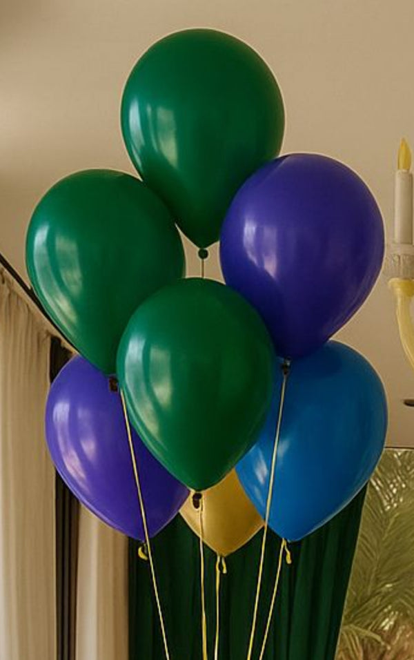 2 bunches of 8 latex balloons each: 2 green, 2 blue, 2 purple, 2 reflex gold