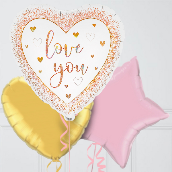 Love You Hearts Rose Gold Holographic Foil Balloon Bouquet