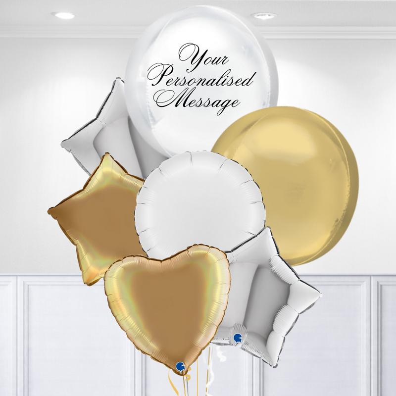 White & Gold Personalised Premium Balloon Bunch