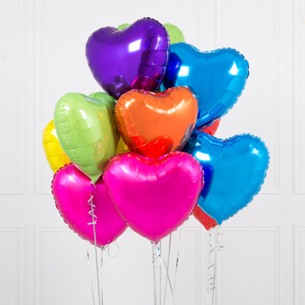 One Dozen Rainbow Bright Hearts Foil Balloons